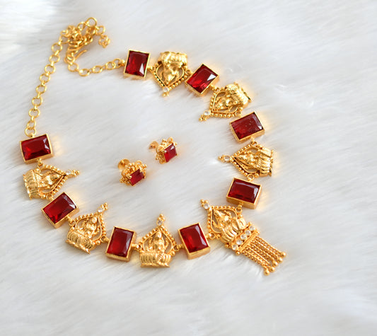Gold tone white-Red big block stone Lakshmi necklace set dj-39664