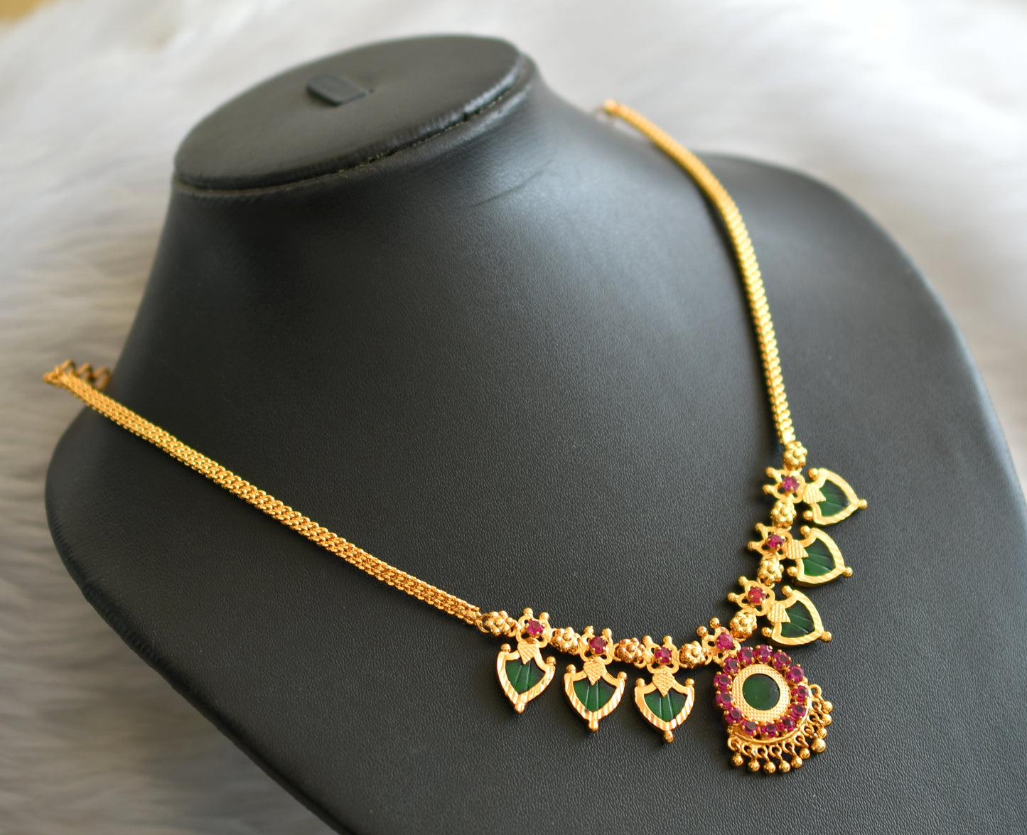 Gold tone pink-green palakka necklace dj-18930