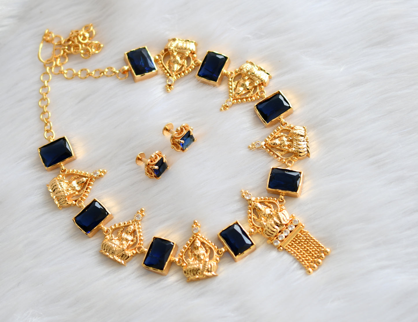 Gold tone white-blue big block stone Lakshmi necklace set dj-39665