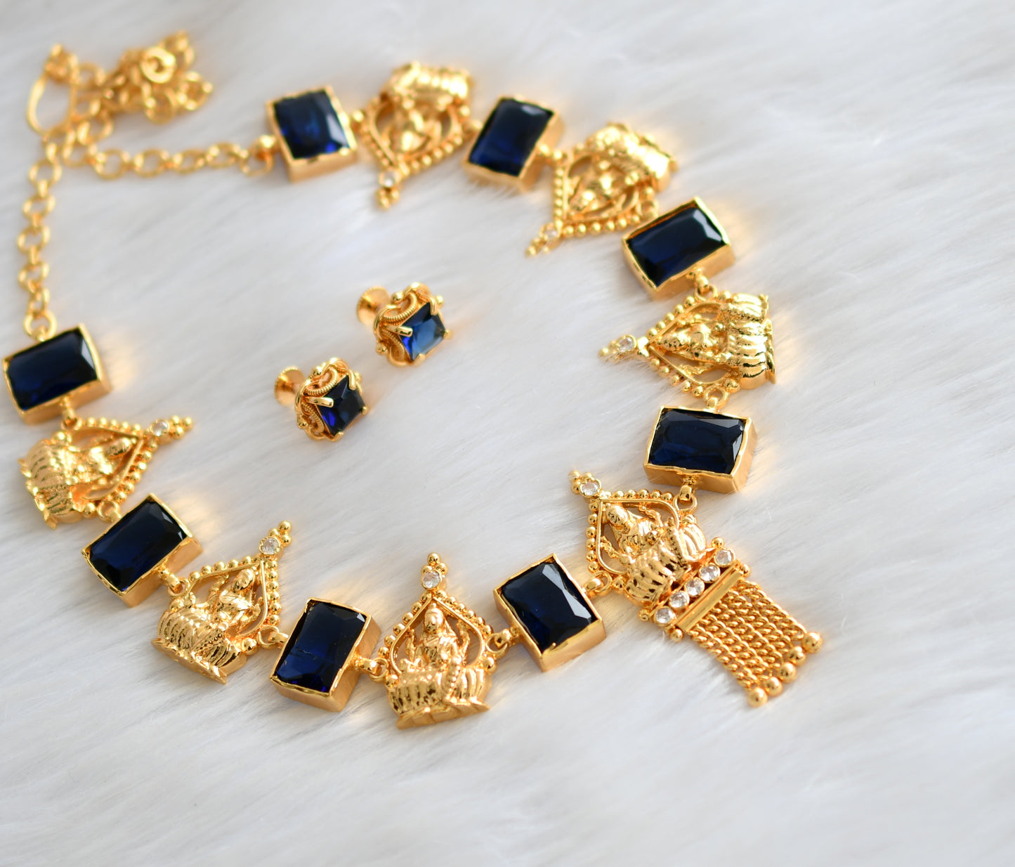 Gold tone white-blue big block stone Lakshmi necklace set dj-39665