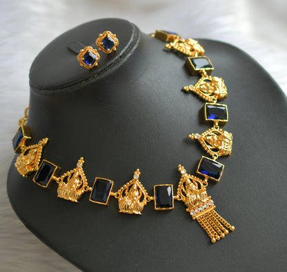 Gold tone white-blue big block stone Lakshmi necklace set dj-39665