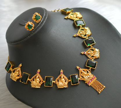 Gold tone pink-green big block stone Lakshmi necklace set dj-39662