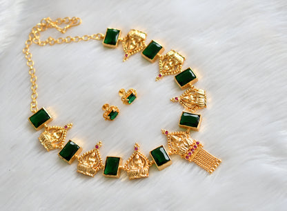 Gold tone pink-green big block stone Lakshmi necklace set dj-39662