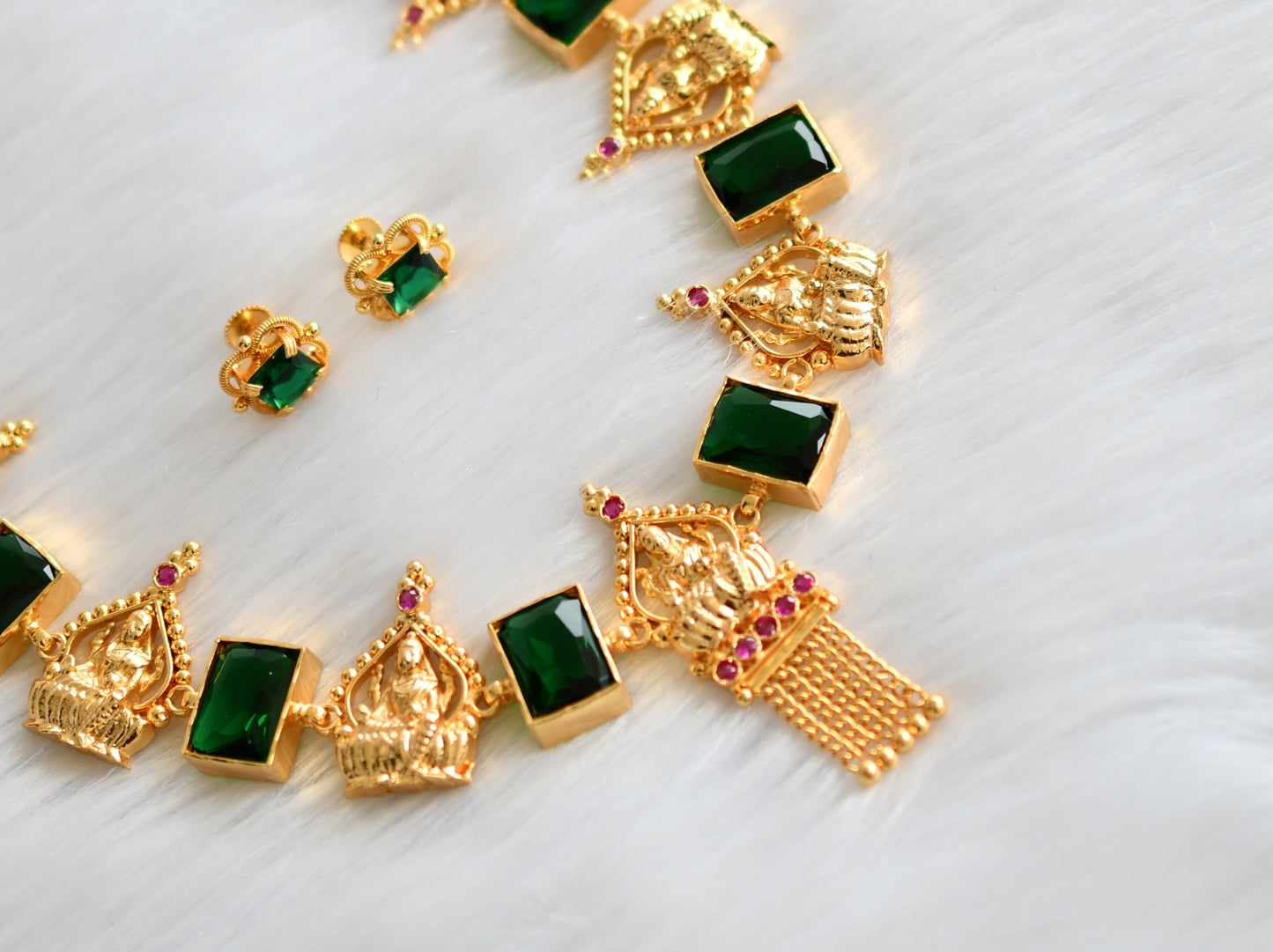 Gold tone pink-green big block stone Lakshmi necklace set dj-39662