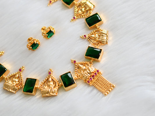 Gold tone pink-green big block stone Lakshmi necklace set dj-39662