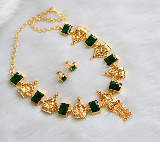Gold tone pink-green big block stone Lakshmi necklace set dj-39663