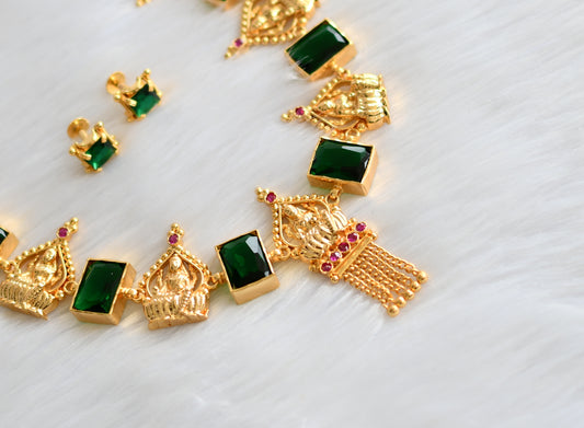 Gold tone pink-green big block stone Lakshmi necklace set dj-39663