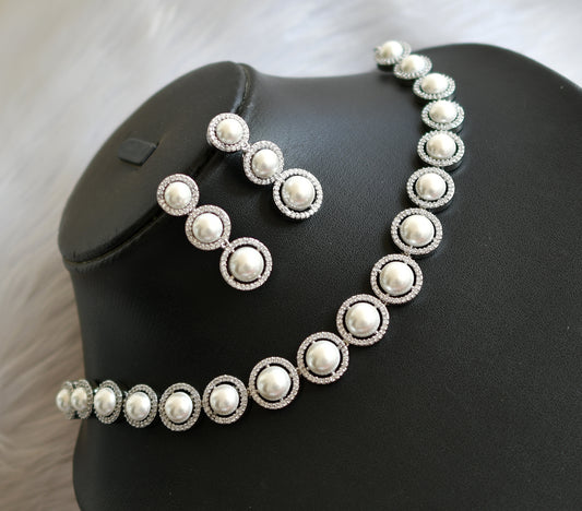 silver tone pearl cz white stone necklace set dj-40461
