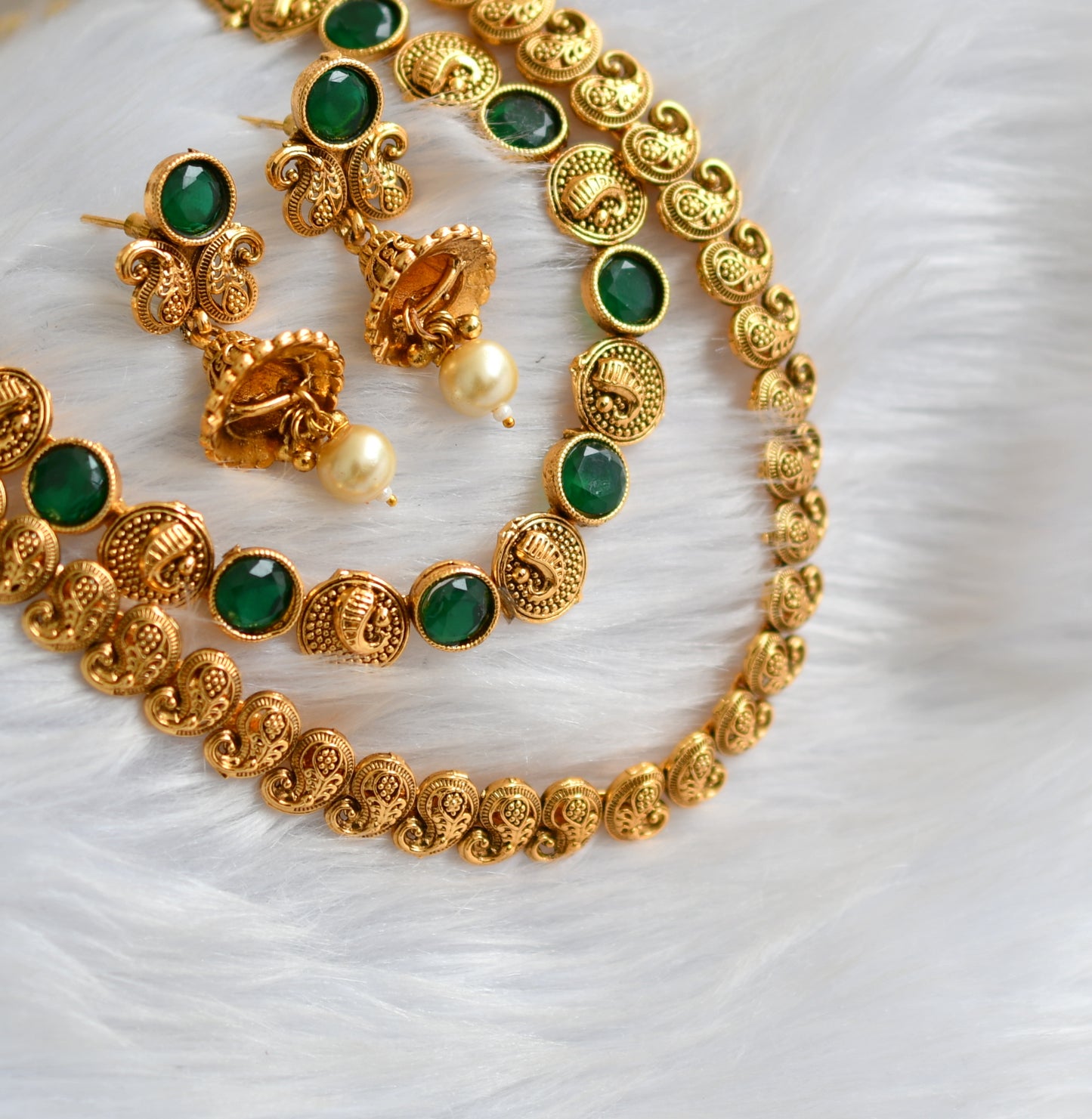 Antique gold tone green mango double layer necklace set dj-39688