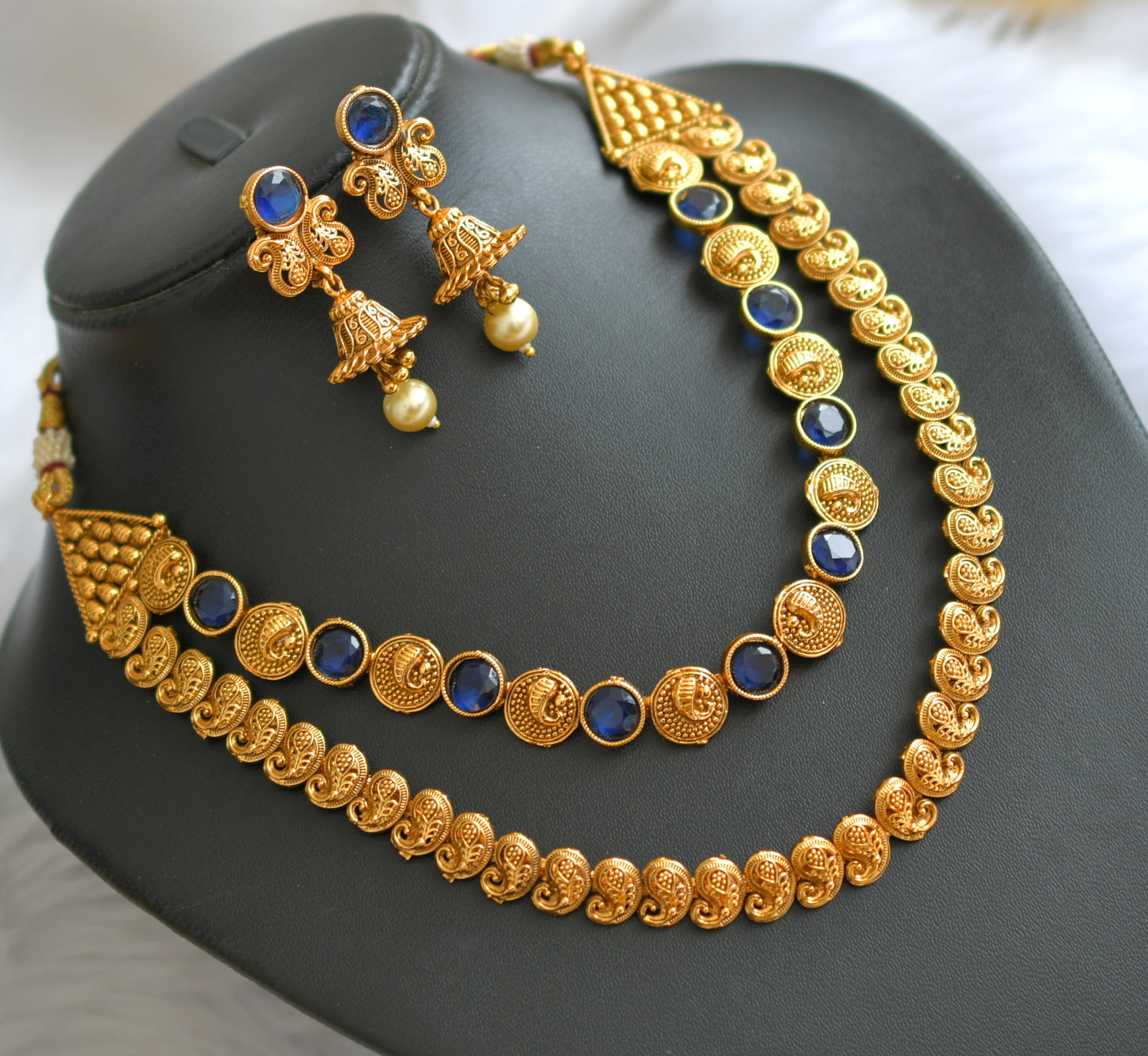 Antique gold tone blue mango double layer necklace set dj-39689