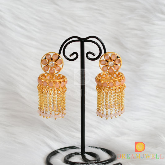 Gold tone baby pink Jhumkka/earrings dj-14835