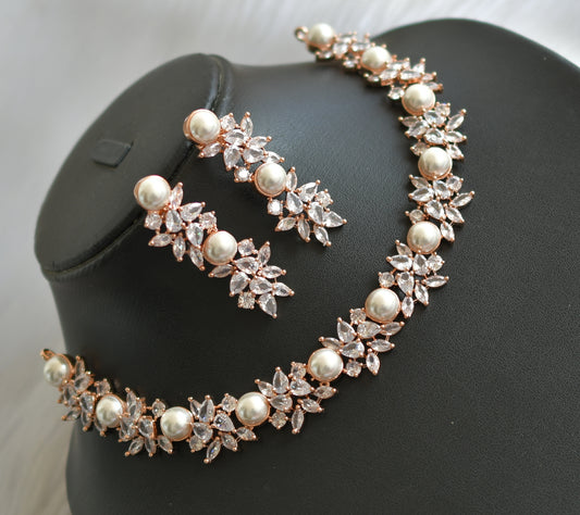 Rose gold tone pearl cz white stone necklace set dj-40462