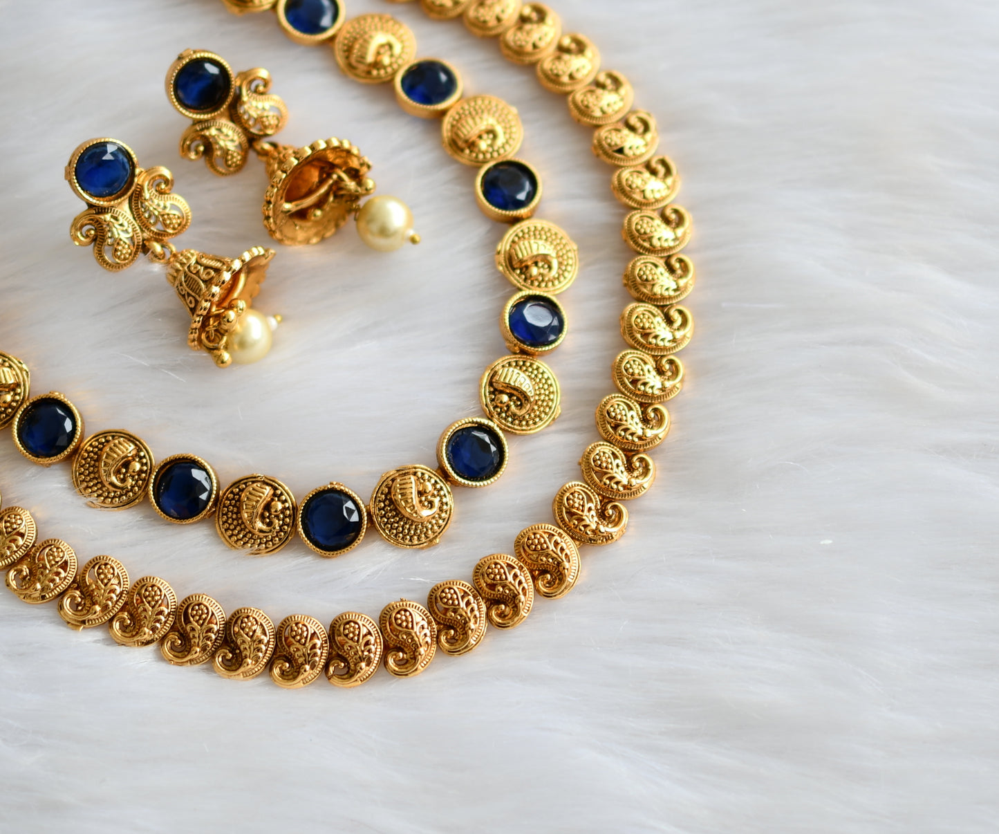 Antique gold tone blue mango double layer necklace set dj-39689