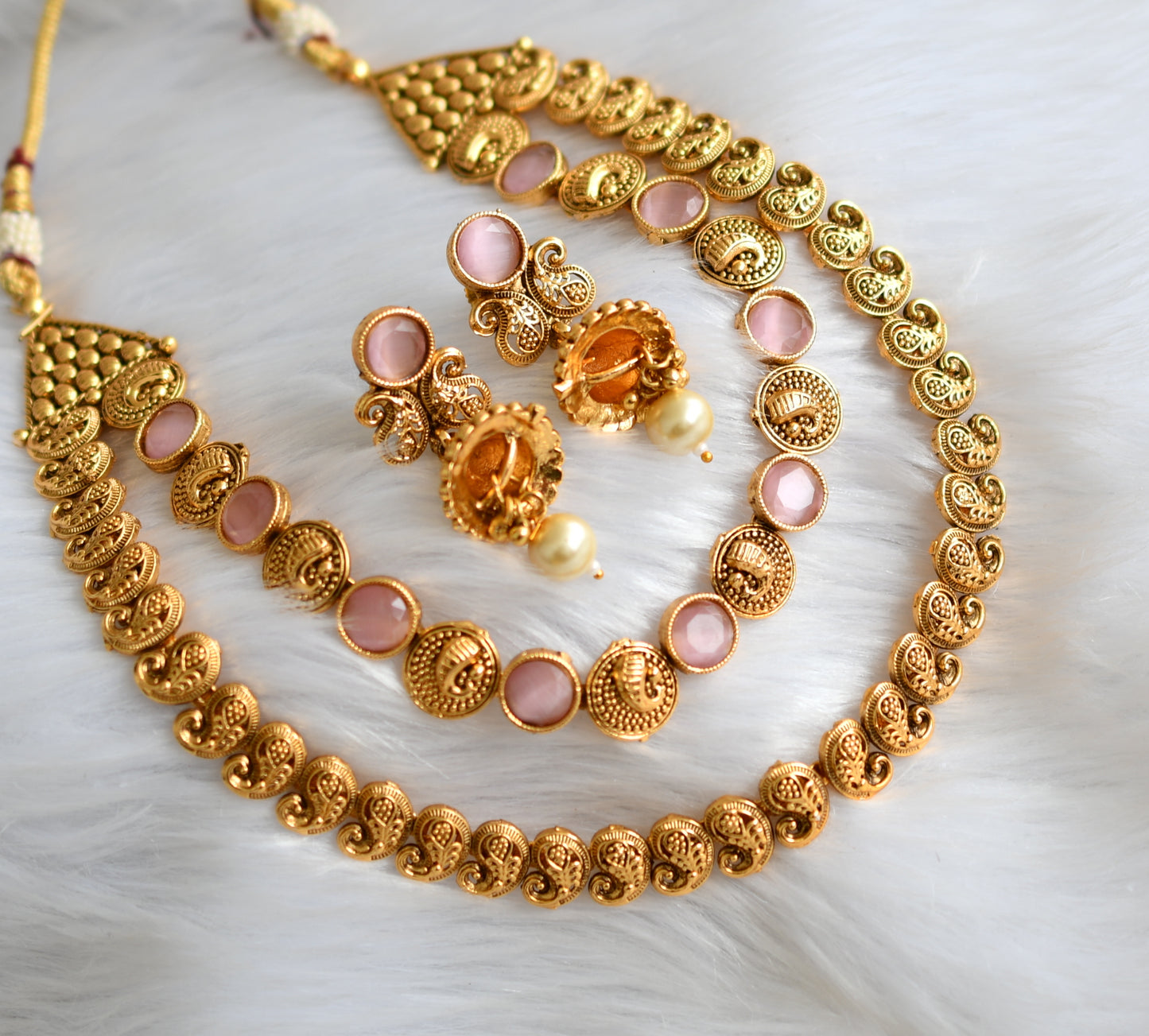 Antique gold tone baby pink mango double layer necklace set dj-39690