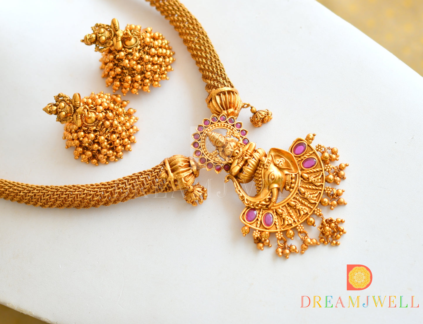 Matte Finish Ruby Lakshmi Designer Necklace Set dj-21827