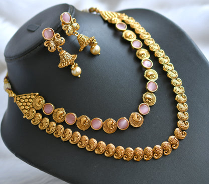 Antique gold tone baby pink mango double layer necklace set dj-39690