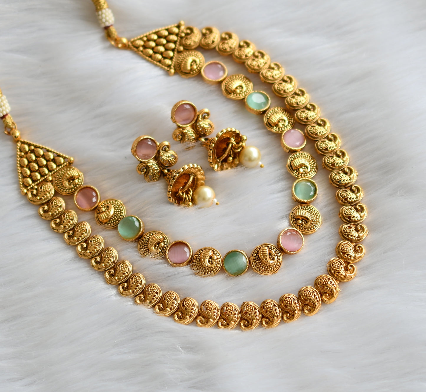 Antique gold tone baby pink-sea green mango double layer necklace set dj-39691