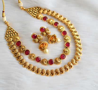 Antique gold tone red mango double layer necklace set dj-39692