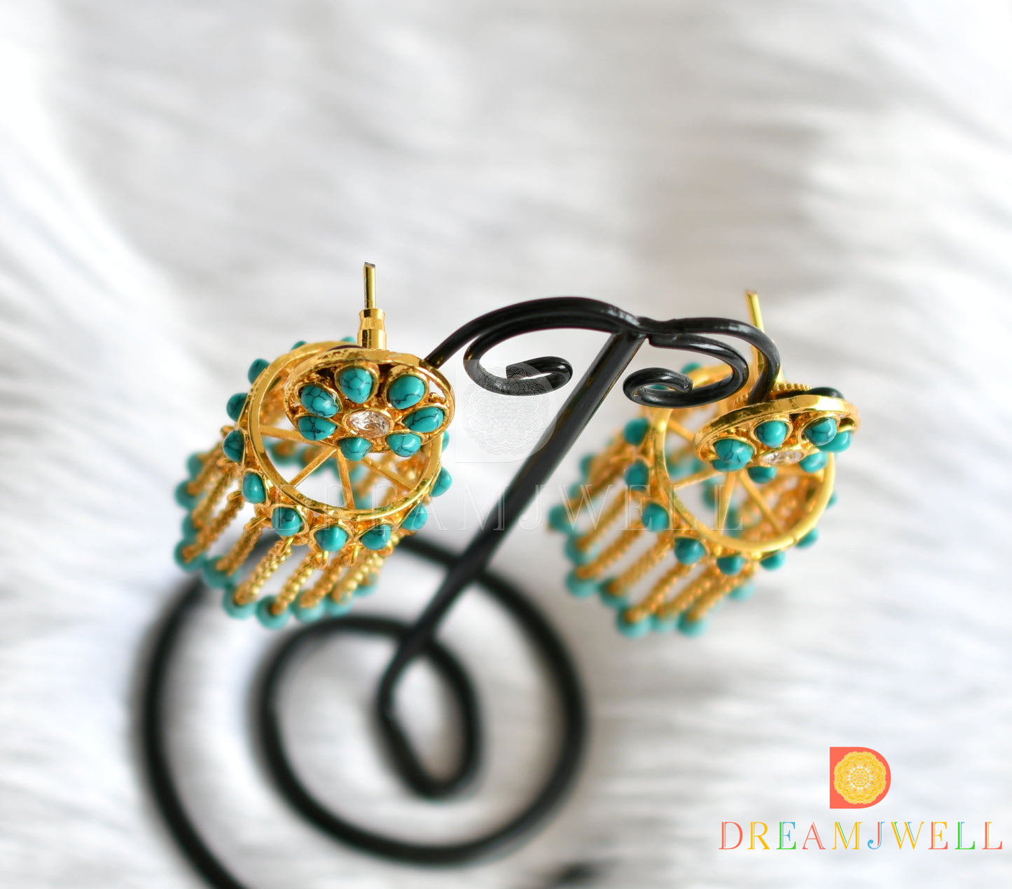 Gold tone sea green jhumkka/earrings dj-14831
