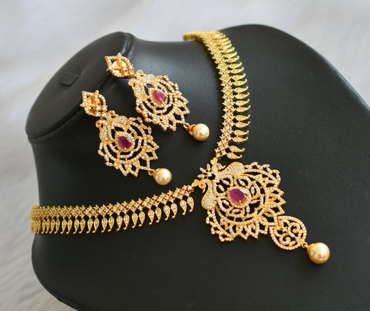 Gold tone Cz-ruby peacock necklace set dj-02884