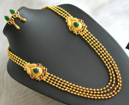 Gold tone multilayer ruby-emerald mugappu necklace set dj-03329