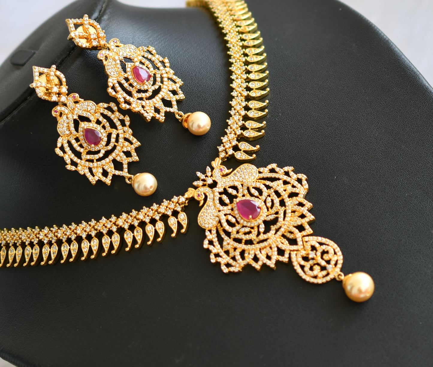 Gold tone Cz-ruby peacock necklace set dj-02884