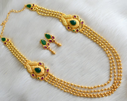 Gold tone multilayer ruby-emerald mugappu necklace set dj-03329
