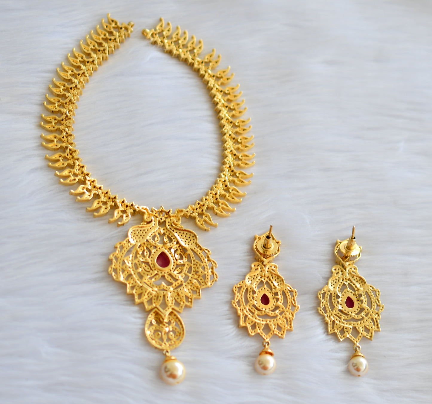 Gold tone Cz-ruby peacock necklace set dj-02884