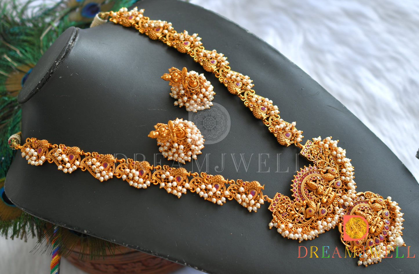 Matte finish ruby pearl cluster Lakshmi haar set dj-19932