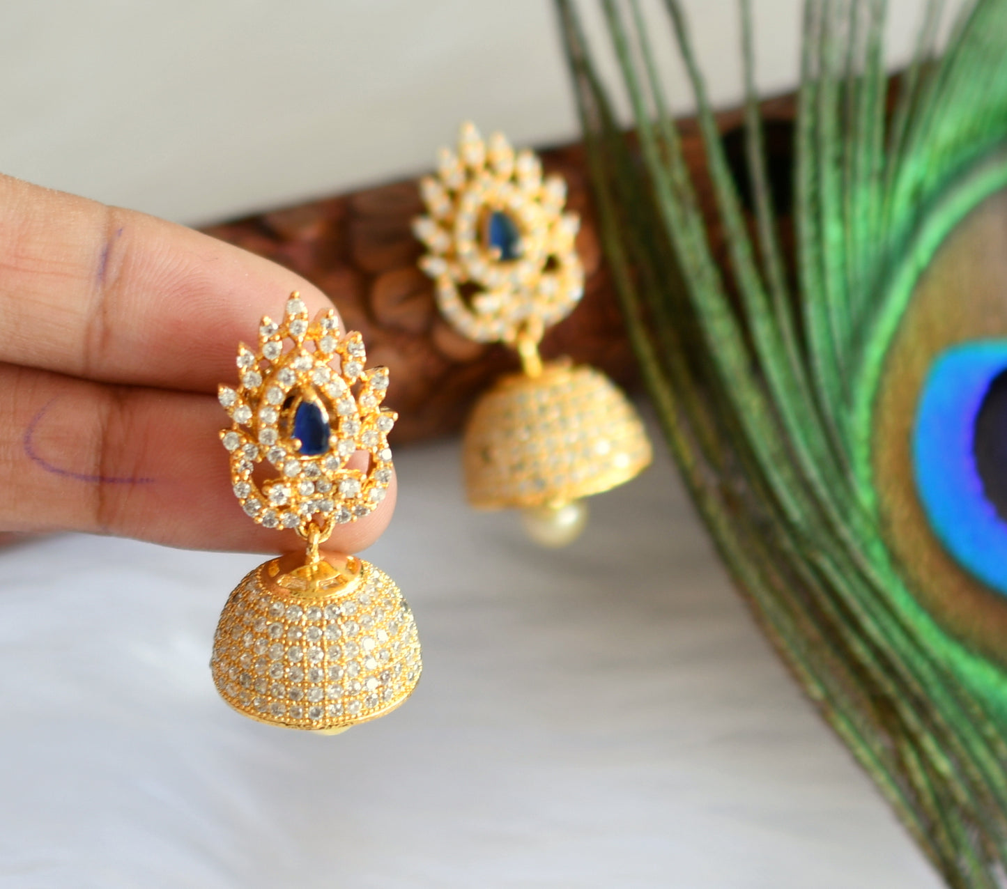 Gold tone cz white-blue jhumkka dj-19948