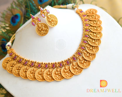 Matte Finish Ruby Lakshmi Coin Designer Necklace Set dj-21840