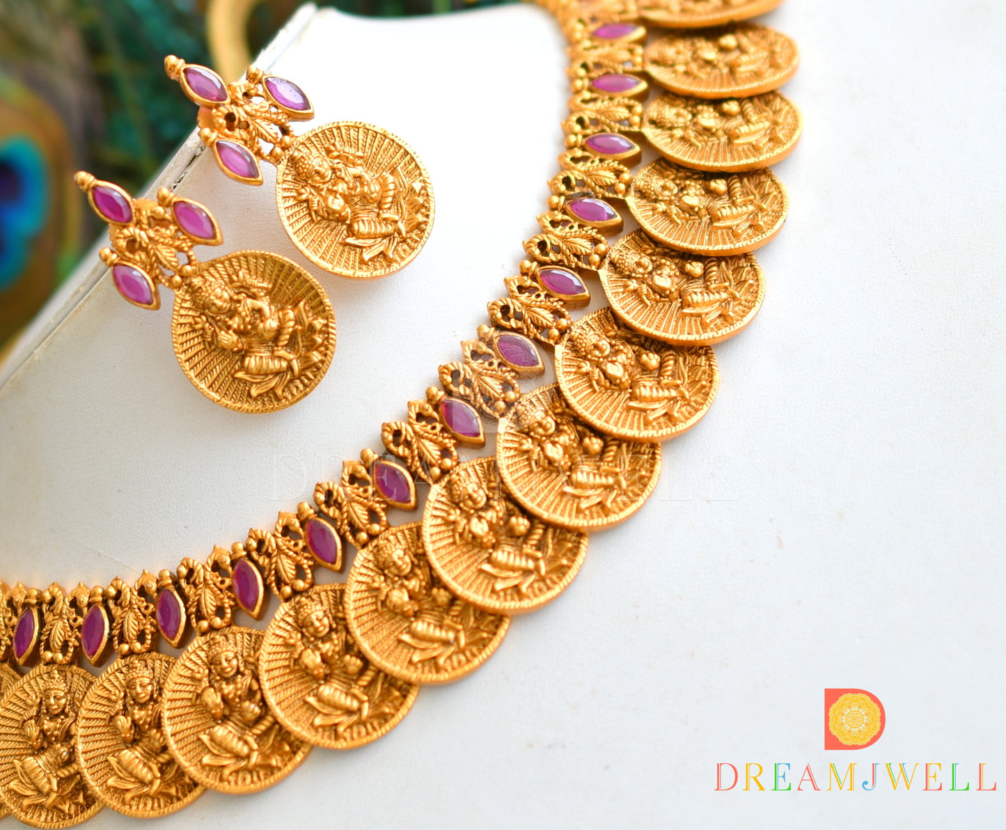 Matte Finish Ruby Lakshmi Coin Designer Necklace Set dj-21840