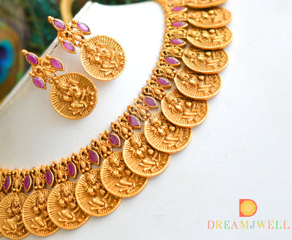 Matte Finish Ruby Lakshmi Coin Designer Necklace Set dj-21840