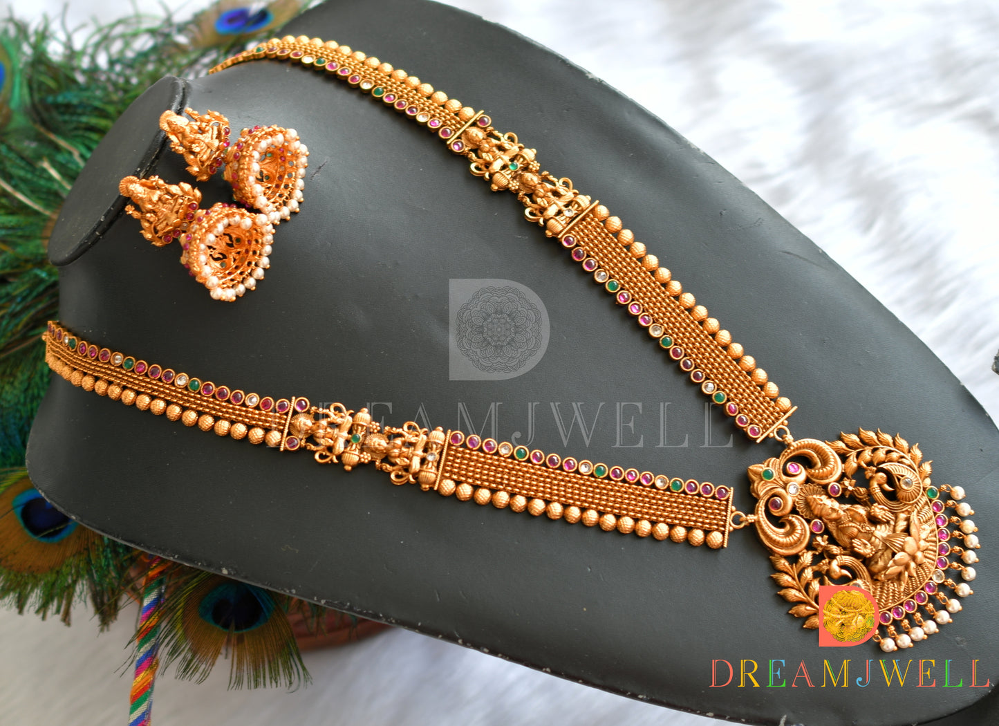 Matte finish Ruby-green Lakshmi haar set dj-21186