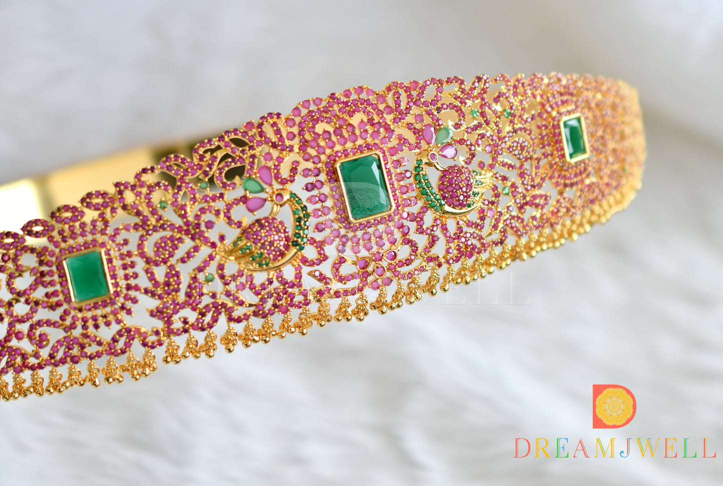 Gold tone cz ruby-emerald peacock waist band dj-38184