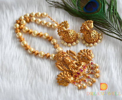 Matte finish ruby huge Lakshmi pendant pearl beaded haar set dj-09756