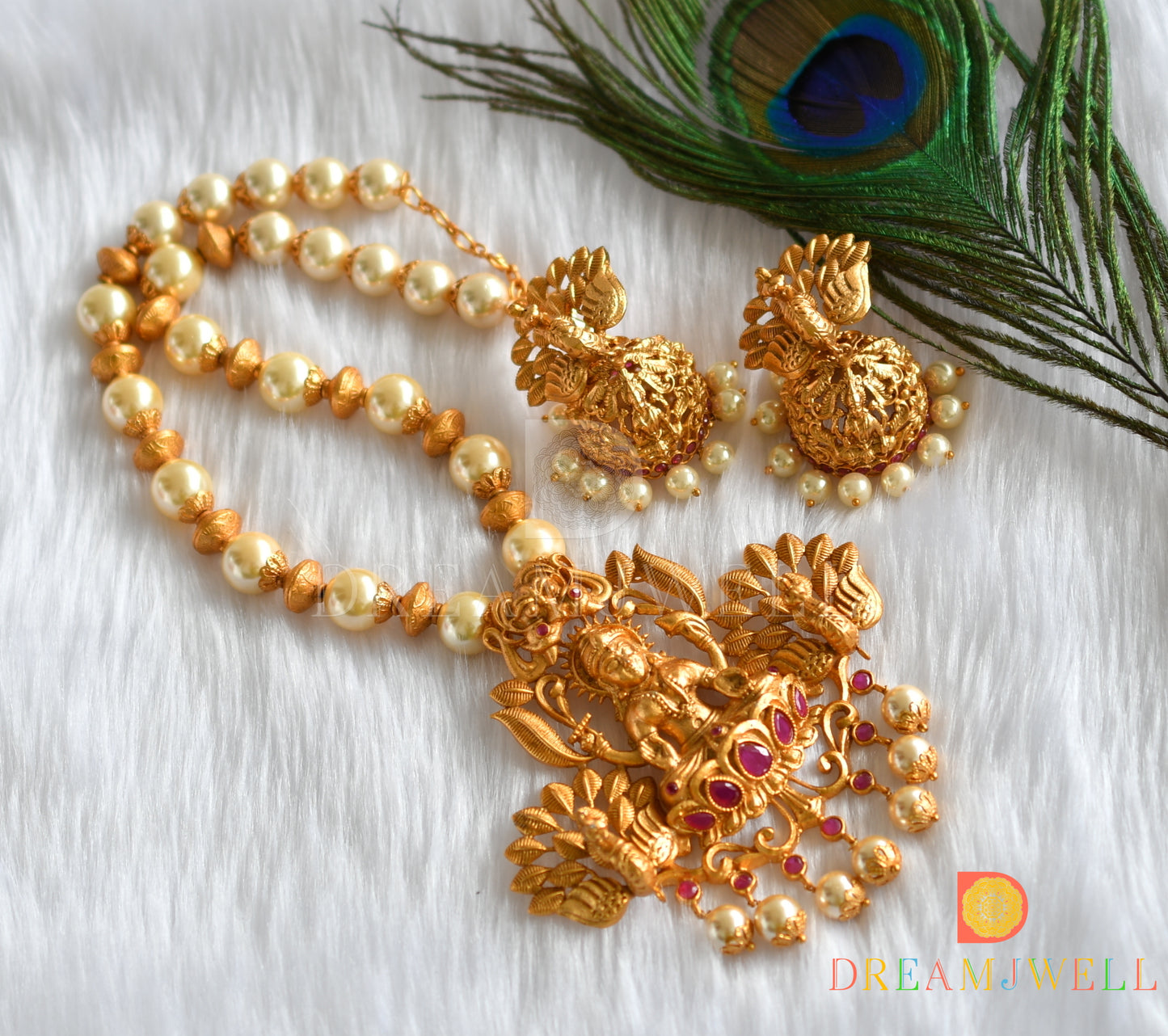 Matte finish ruby huge Lakshmi pendant pearl beaded haar set dj-09756