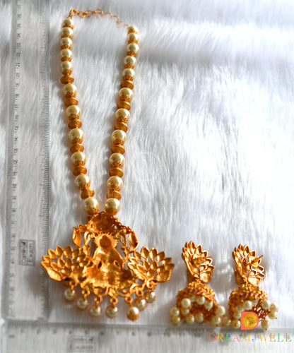 Matte finish ruby huge Lakshmi pendant pearl beaded haar set dj-09756