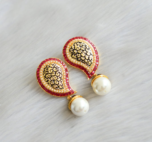 Antique gold tone ruby pearl mango earrings dj-03333