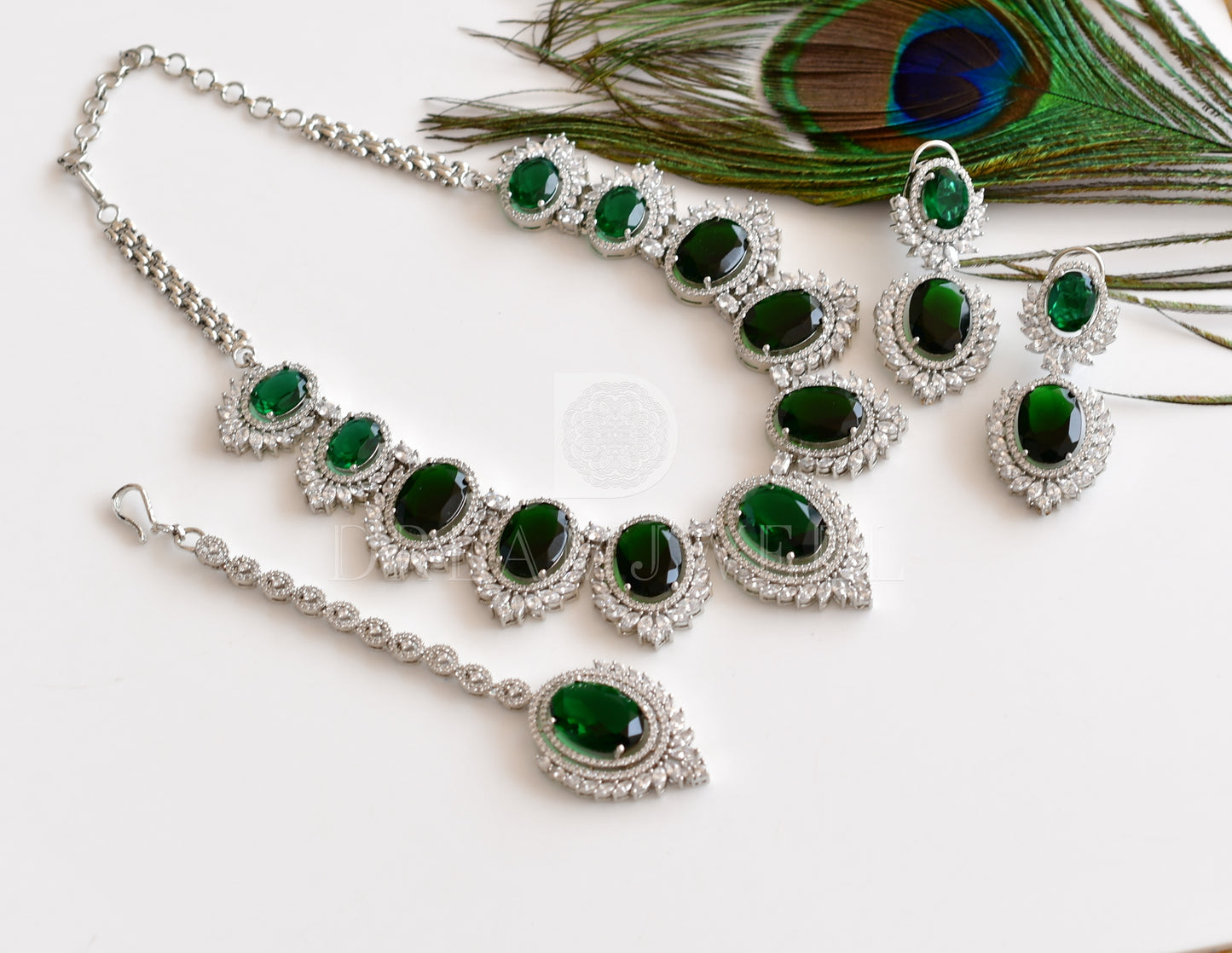 Silver tone diamond replica white-bottle green designer necklace set with tikka dj-35013