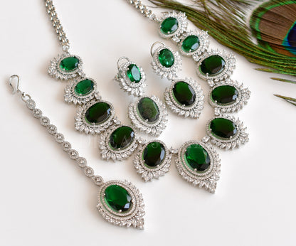 Silver tone diamond replica white-bottle green designer necklace set with tikka dj-35013