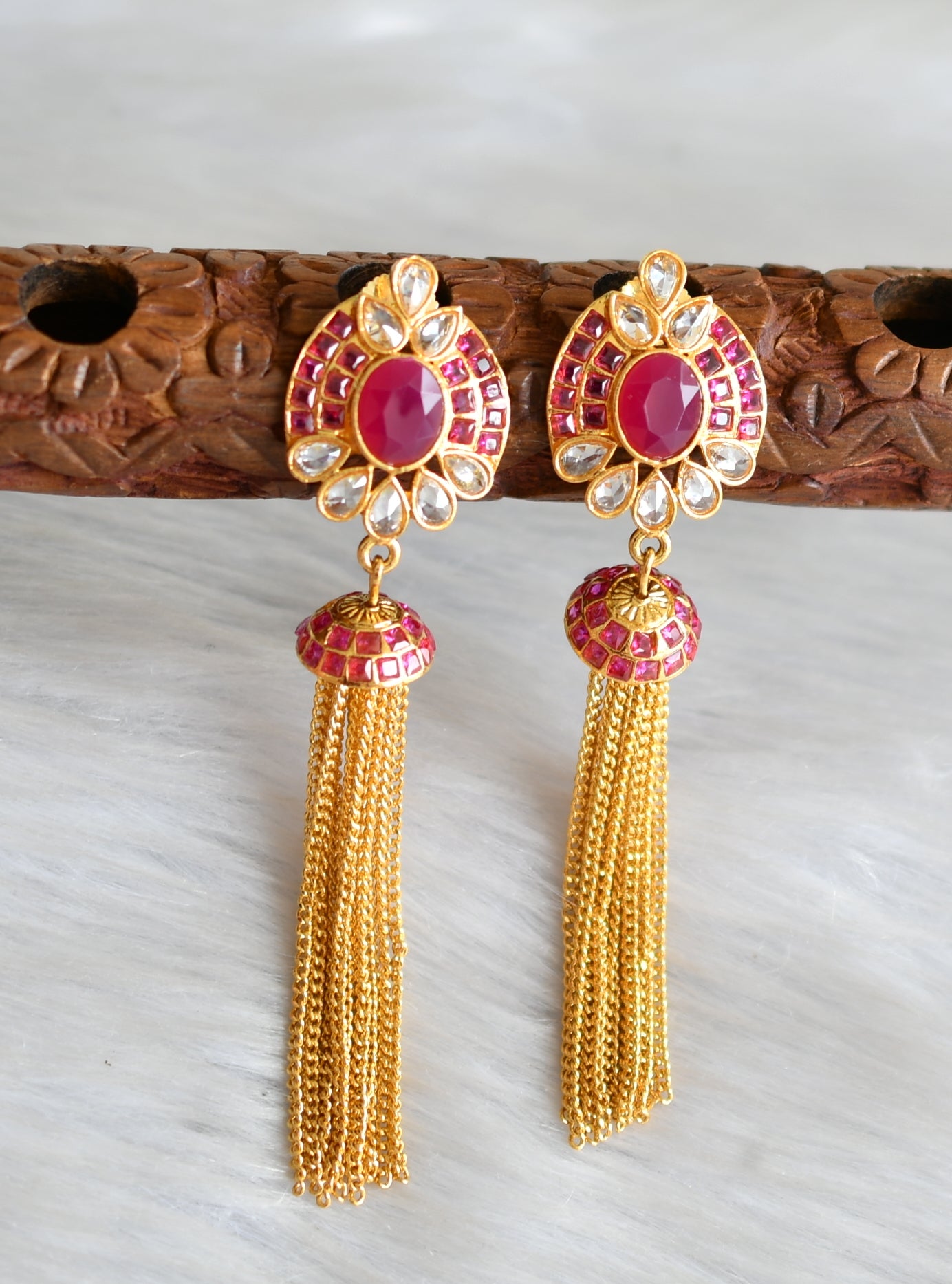 Antique gold tone ruby long earrings dj-03340