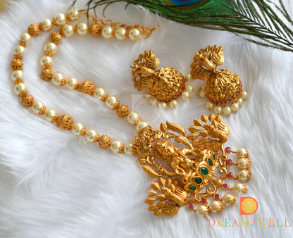 Matte finish emerald huge Lakshmi pendant pearl beaded haar set dj-09755