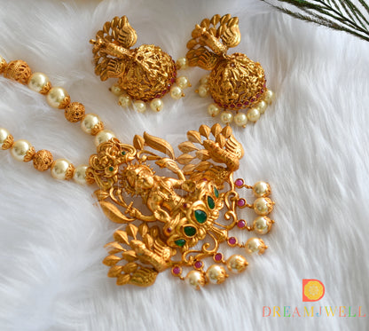 Matte finish emerald huge Lakshmi pendant pearl beaded haar set dj-09755