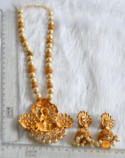 Matte finish emerald huge Lakshmi pendant pearl beaded haar set dj-09755