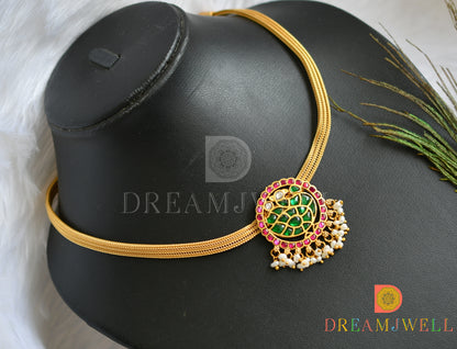 Gold tone pink-green-white kundan jadau swan necklace set dj-38154