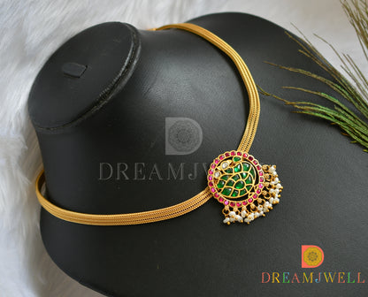 Gold tone pink-green-white kundan jadau swan necklace set dj-38154