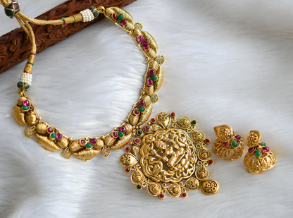 Antique gold tone Nagasu pink-green Lakshmi Necklace set dj-02838