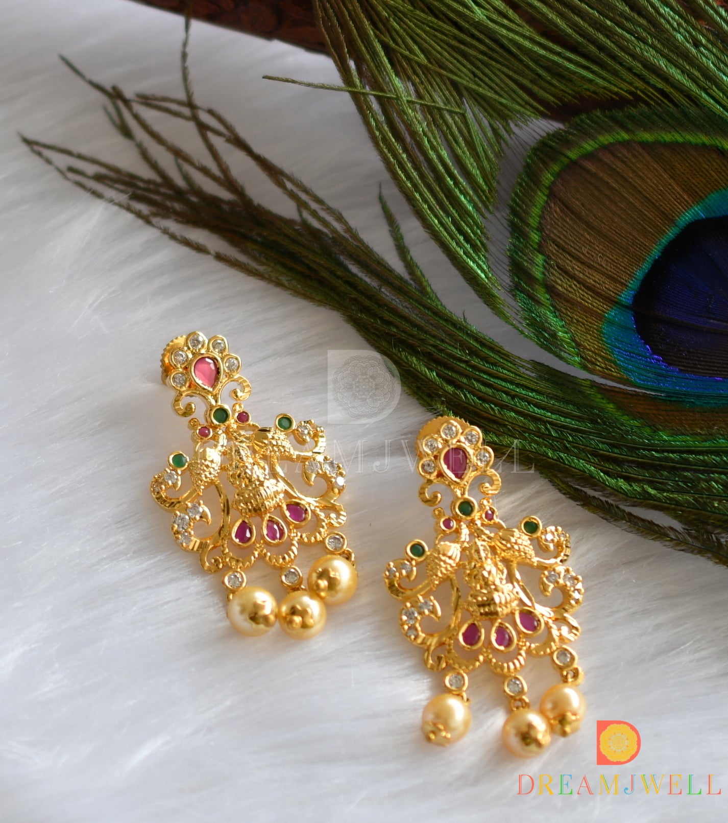 Gold tone cz ruby-emerald Lakshmi-peacock haar set dj-15520
