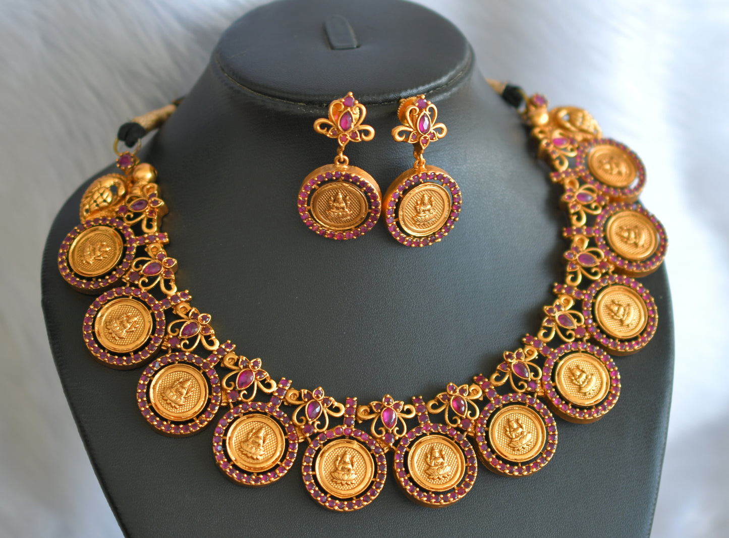 Matte finish ruby lakshmi coin necklace set dj-19977